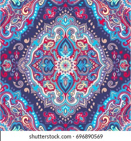 Beautiful Indian floral paisley seamless ornament pattern. Ethnic Mandala. Vector Henna tattoo style. Can be used for textile, greeting business card background, coloring book, phone case print