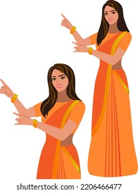 Beautiful Indian girl in orange sari shows her hand at your advertisement Vector