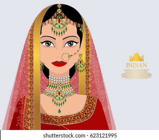 Beautiful indian girl vector with Traditional Indian costume and golden kundan jewelry set