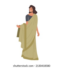 Beautiful Indian Girl wear Long Sari and Makeup Isolated on White Background. Female Character Wear Traditional Clothes, Young Smiling Woman of India Society. Cartoon People Vector Illustration