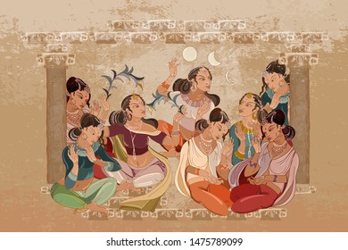 Beautiful indian girls in harem. Culture of India. East murals. Women in national ethnic clothes. Arabic frescos. Fashion islamic princesses 