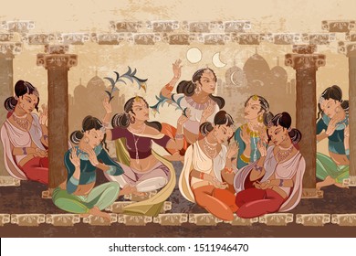 Beautiful indian girls in harem horizontal seamless pattern. Culture of India. East murals. Women in national ethnic clothes. Fairy tale background. Fashion princesses 