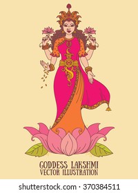 Beautiful indian goddess Lakshmi, vector illustration