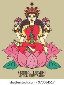 Beautiful indian goddess Lakshmi, vector illustration