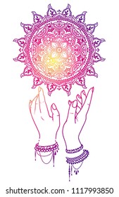 Beautiful indian magical mandala and female hands, sun symbol, vector illustration