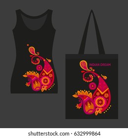 Beautiful indian motif dark concept with elegant traditional paisley printing on black female shirt and handbag isolated vector illustration
