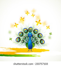 Beautiful Indian national bird peacock with butterflies in tricolour for Indian Republic Day and Independence Day celebration.