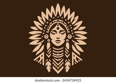 hermosa mujer india norteamericana. Estilo étnico, plumas en la cabeza. Niña nativa americana. Logo, emblema, icono, objeto aislado, recortado