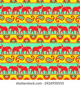Beautiful Indian pattern with elephants in red, yellow and green bright colors. Seamless pattern, background, print, vector illustration