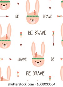 beautiful indian seamless pattern of bunny with feathers in scandinavian and boho style, cute cartoon background, vector design for any design