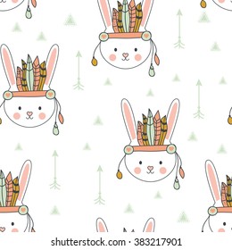 Beautiful indian seamless pattern of bunny with feathers in vector for children. Cute cartoon background. Vector design for fabric and decor children room or clothes