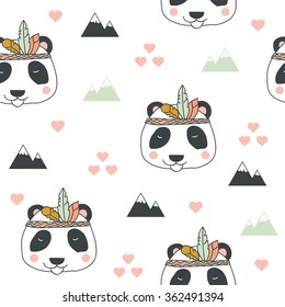 Beautiful indian seamless pattern of panda bear with feathers in vector for children.  Cute cartoon background in bright colors