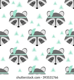 Beautiful indian seamless pattern of raccoon with feathers in vector for children. Cute cartoon background. Pattern in hipster style. Illustration for birthday card, poster, texture, fabric. 