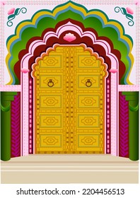 Hermosa puerta del templo indio multicolor con muchos adornos decorativos y patrones Vector