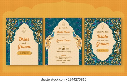 Beautiful Indian Wedding Card Templates Design with Peacock in Blue and Beige Color.
