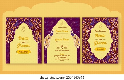 Beautiful Indian Wedding Card Templates Design with Peacock in Yellow and Purple Color.