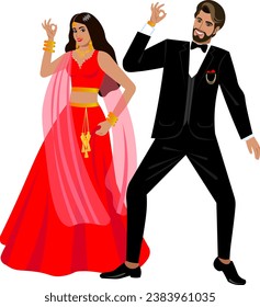 Hermosa pareja de bodas india bailando en una boda con disfraces nacionales Novia en un tradicional sari de boda rojo Groom con un traje oscuro con corbata de arco Vector