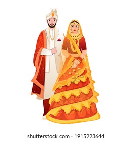 Beautiful Indian Wedding Couple Standing On White Background.