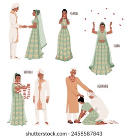 Beautiful Indian wedding couple standing together hold hands. Marriage illustrations of happy bride, groom and family blessing. Cartoon vector romantic engagement portraits set isolated on white