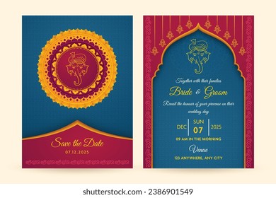 Hermosa plantilla de tarjeta de invitación a la boda india con detalles del evento.