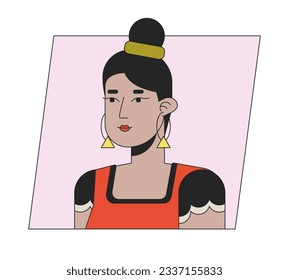 Beautiful indian woman with bun hairstyle flat color cartoon avatar icon. Editable 2D user portrait linear illustration. Isolated vector face profile clipart. Userpic, person head and shoulders