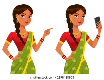 hermosa mujer india con colorido sari tradicional y joyas, señalando su dedo o tomándose selfie con un teléfono móvil. Caricatura. Aislado en blanco.