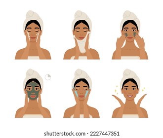 Beautiful Indian woman doing facial procedures in her bathroom. A collection of skincare steps vector flat cartoon illustration. 