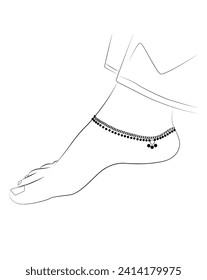 Beautiful Indian woman feet with anklet line drawing isolated on white background - vector illustration