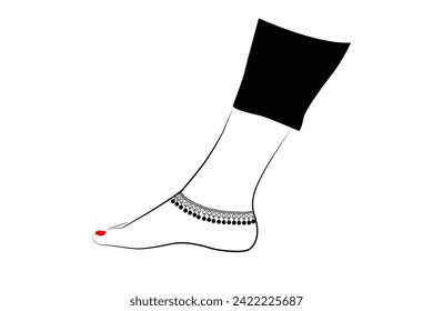 Beautiful Indian woman feet with anklet line drawing isolated on white background - vector illustration