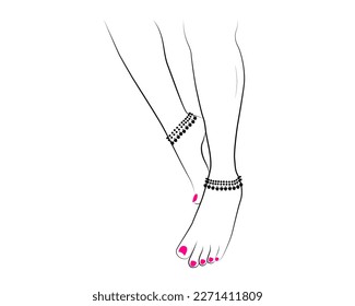 Beautiful Indian woman feet with anklets line drawing isolated on white background - vector illustration