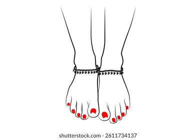 Beautiful Indian woman feet with anklets and red nails line drawing isolated on white background - vector illustration