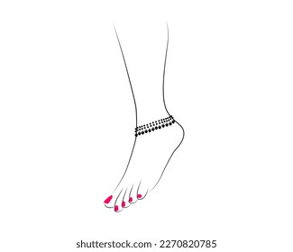 Beautiful Indian woman feet drawing with anklet and pink nail polish isolated on white background - vector illustrator