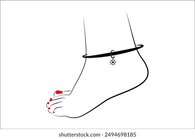 Beautiful Indian woman feet with red nails and anklet isolated on white background - vector illustration