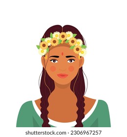 Beautiful Indian woman with floral wreath on white background. S