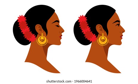 Beautiful indian woman head in wto option - with open eye and closed eyes. Female haid, hairstyle, golden earring. Side view. Modern vector illustration on white background.