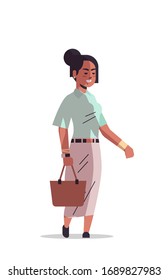 beautiful indian woman holding handbag smiling female cartoon character standing pose full length isolated vertical vector illustration