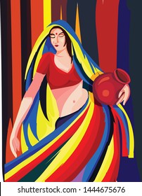 Beautiful Indian woman holding pot with colorful vector image