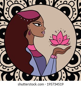 Beautiful indian woman with lotus. Vector Illustration.