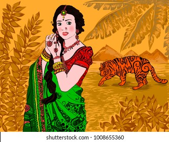 
Beautiful Indian woman on a background of southern landscape with a tiger