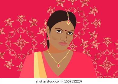 Beautiful Indian woman on a bright pink background with rangoli. Abstract female image. India girl in a pink sari, gold jewelry, bindi, pendant on her head - teak. Vector portrait of an indian woman.