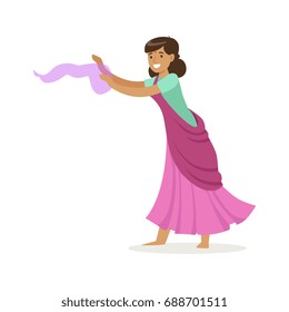 Beautiful Indian woman in a purple sari dancing national dance, colorful character vector Illustration