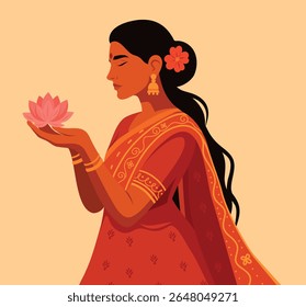 Beautiful Indian woman in sari holding lotus on beige background. Illustrates symbolic spirituality, feminine power and cultural heritage of India. Adapted for Diwali and Pongal