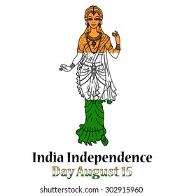 Beautiful Indian woman in a sari on a white background. India Independence Day August 15. Vector illustration.