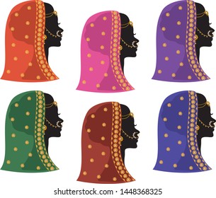 Beautiful Indian Woman, Silhoutte Profile In 6 Colors.