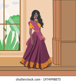 A beautiful Indian woman is standing in a house of wood, ear rings, bangles, long hair, traditional clothes, trees and plants