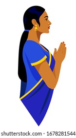 Beautiful Indian woman in traditional clothes - bright blue sari. Female portrait, side view. Indian woman in traditional clothing with praying hands. Modern vector illustration on white background.