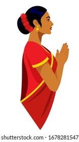 Beautiful Indian woman in traditional clothes - bright red sari. Female portrait, side view. Indian woman in traditional clothing with praying hands. Modern vector illustration on white background.