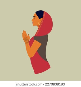 Beautiful Indian woman in traditional clothes - bright red sari. Female portrait, side view. Indian woman in traditional clothing with praying hands. Modern vector illustration