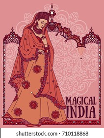 beautiful indian woman in traditional saree and traditional indian arch, vector illustration