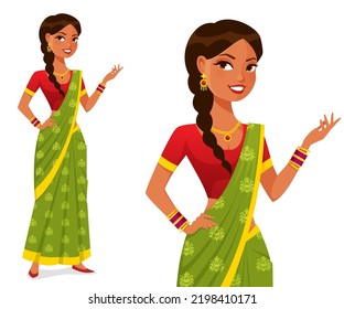 beautiful Indian woman wearing colorful traditional saree and jewels, smiling and gesturing. Cartoon character. Isolated on white.